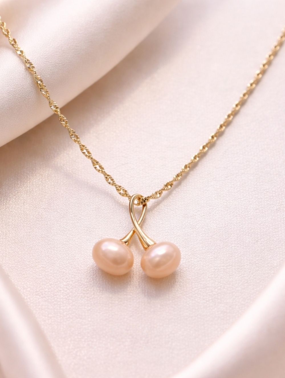Champagne Peach Pearl Twist Necklace 18K Gold Plated Rope Chain Two 8mm Pearls